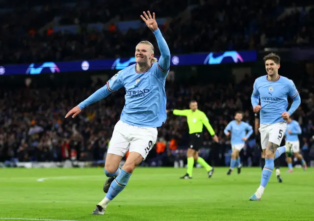 Erling Haaland celebrates his fourth goal against RB Leipzig