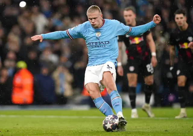 Erling Haaland scores a penalty for Manchester City against RB Leipzig