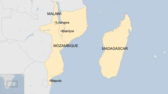 A map of Malawi, Mozambique and Madagascar