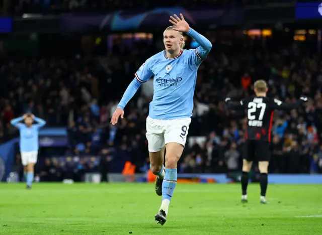 Manchester City's Erling Braut Haaland celebrates scoring their sixth goal