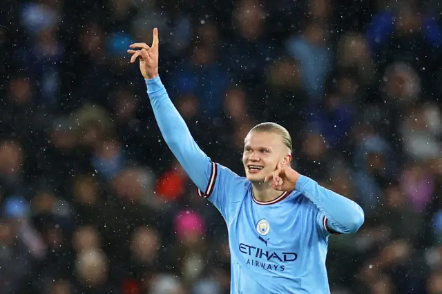 Erling Haaland celebrates scoring Manchester City's second goal against RB Leipzig