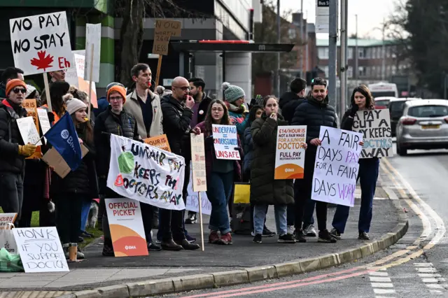 Junior doctors outside of Saint Mary's Hospital, in Manchester