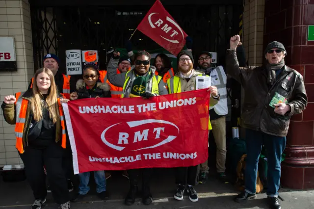 Members of RMT & ASLEF trade unions on their picket line at Elephant & Castle