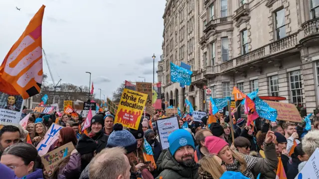 Crowds of striking teachers at the NEU rally in central London