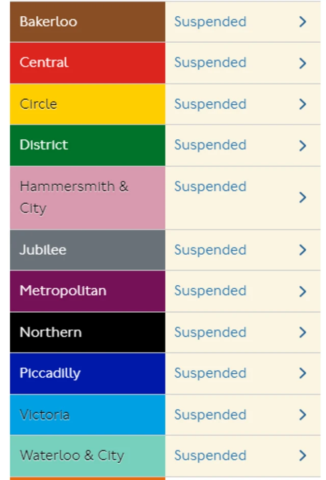 Screenshot shows all Tube lines suspended on TFL website