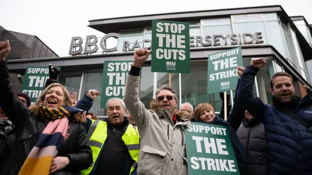 Striking BBC Local staff picket outside BBC Radio Merseyside in Liverpool, Britain, 15 March 2023. BBC Local workers in the National Union of Journalists (NUJ) have timed their strike to affect coverage of the Chancellor's Spring Budget in a row over reductions of local radio services and plans for stations to share programming on weekdays.