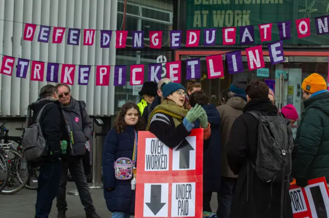 Members of the UCU on their picket line at London College of Communication