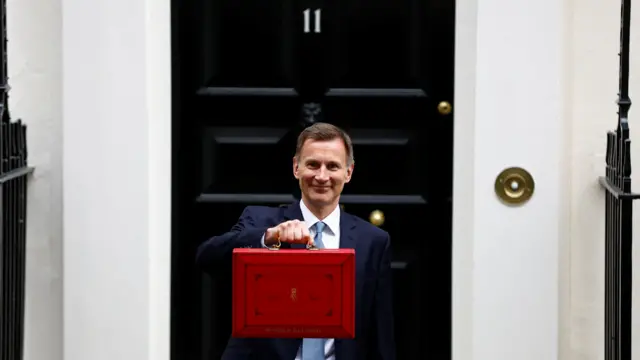 Chancellor Jeremy Hunt holds the Red Box outside 11 Downing Street