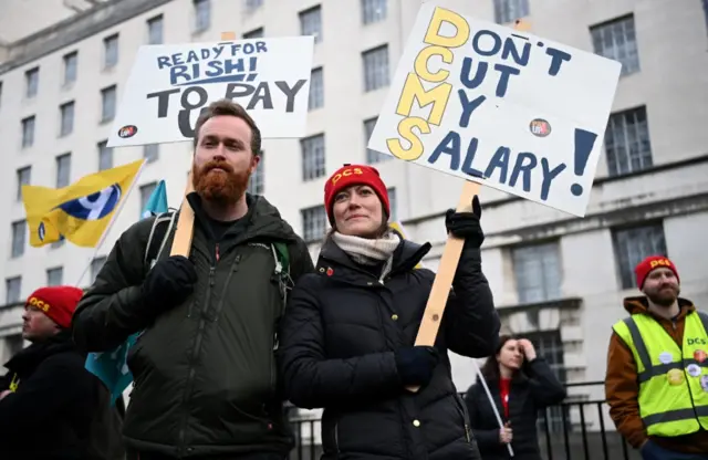 Civil Servant workers during a rally outside Downing Street in London, Britain, 15 March 2023