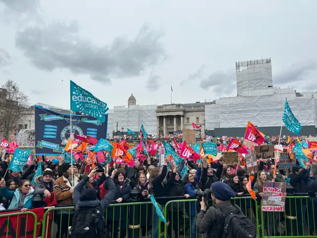 Strikers at march in Trafalgar Square in London on 15 March