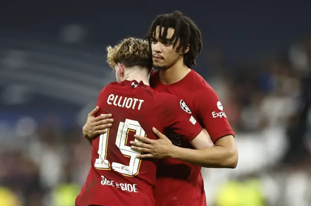 Trent Alexander-Arnold and Harvey Elliot embrace