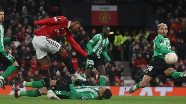 Marcus Rashford scores against Real Betis