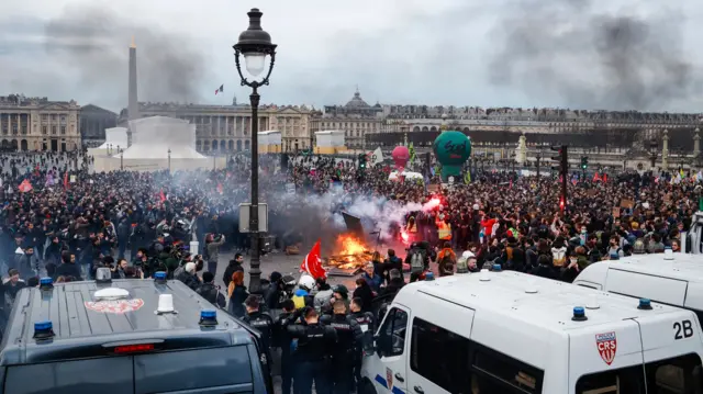 Thousands of protesters demonstrate on Place de la Concorde square, facing the French Parliament