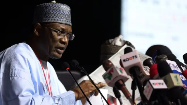 Electoral chairperson Yakubu Mahmood speaking to the media in February