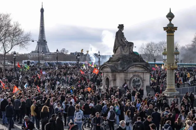 Protesters gather for a demonstration on Place de la Concorde