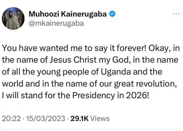 Tweet: “You have wanted me to say it forever! Okay, in the name of Jesus Christ my God, in the name of all the young people of Uganda and the world and in the name of our great revolution, I will stand for the Presidency in 2026!”