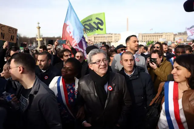 Founder of French leftist party La France Insoumise (LFI) Jean-Luc Melenchon attends a demonstration on Place de la Concorde