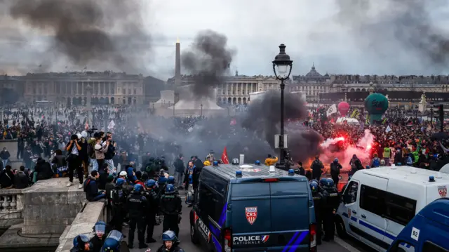 Thousands of protesters demonstrate on Place de la Concorde square, facing the French Parliament