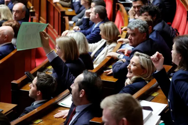 Marine Le Pen smiling while sitting in the French National Assembly chamber