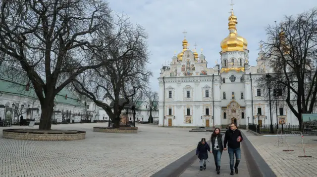 A family walk at the Kyiv-Pechersk Lavra monastery complex in Kyiv