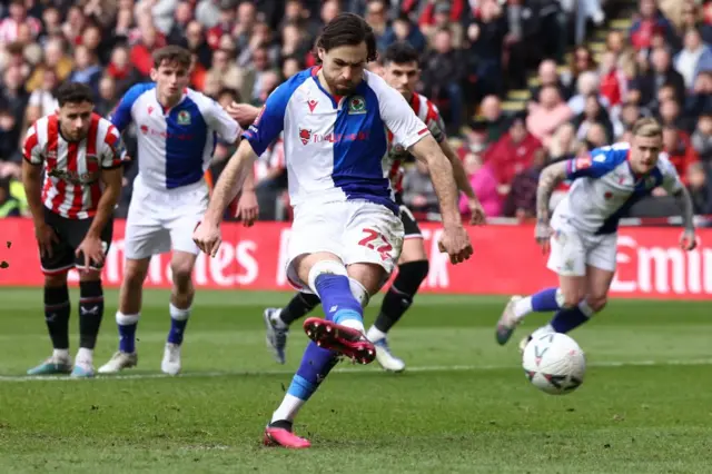 Blackburn's Ben Brereton scores a penalty for Blackburn against Sheffield United