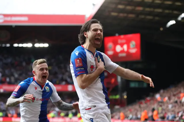 Ben Brereton celebrates scoring a penalty for Blackburn against Sheffield United