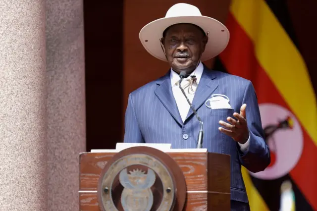 Ugandan President Yoweri Museveni speaks during a press conference after a meeting with South African President Cyril Ramaphosa (not seen) at the Union Buildings in Pretoria on February 28, 2023.