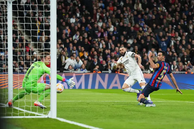 Karim Benzema gets the ball in the back of the net, only for it to be disallowed.