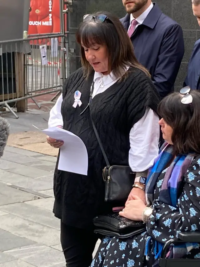 Caroline Curry speaking outside Manchester Arena Inquiry