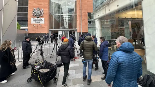 Reporters preparing outside Manchester Magistrates' Court