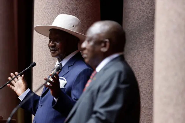 Ugandan President Yoweri Museveni speaks during a press conference after a meeting with South African President Cyril Ramaphosa (not seen) at the Union Buildings in Pretoria on February 28, 2023.