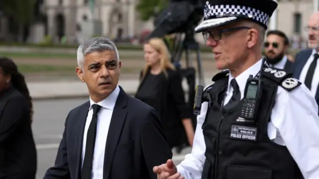 The mayor of London pictured with London police head Sir Mark Rowley at the Queen's funeral last year