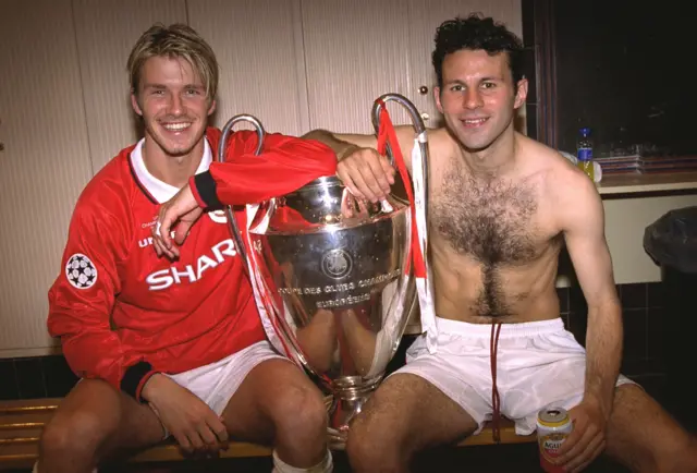 David Beckham and Ryan Giggs celebrate with Champions League trophy, 1999.