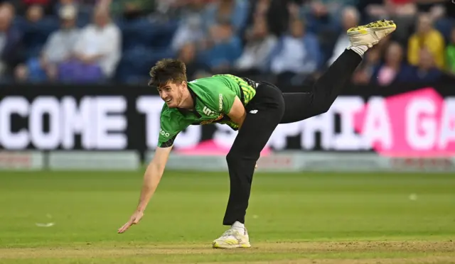 George Garton of Southern Brave bowls against Welsh Fire in The Hundred