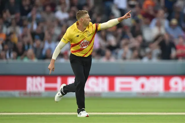 Daniel Sams celebrates taking a wicket for Trent Rockets in the 2022 Hundred