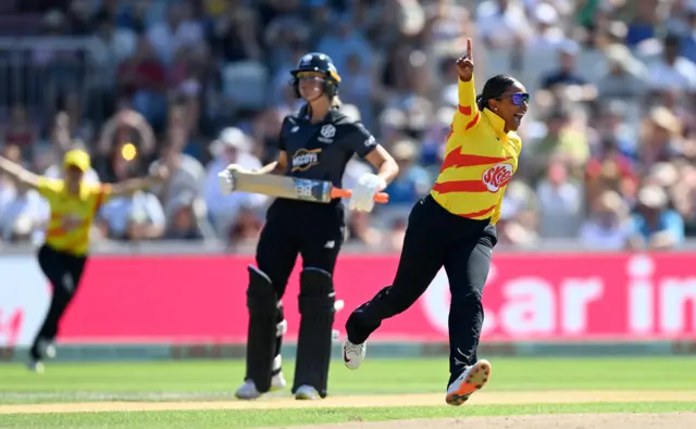 Alana King of Trent Rockets celebrates taking a wicket in the Hundred 2022