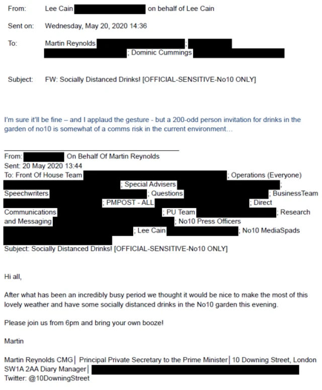 Screengrab of an email exchange between Lee Cain and Martin Reynolds