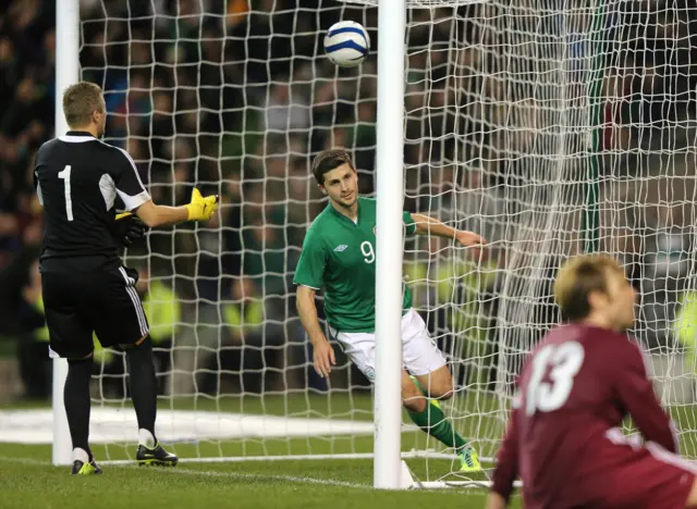 Shane Long scores for the Republic of Ireland in a 3-0 win over Latvia in 2013