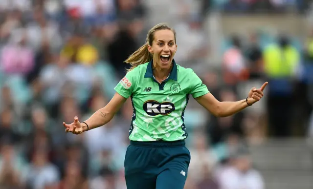 Oval Invincibles' Tash Farrant celebrates taking a wicket in the 2021 Hundred