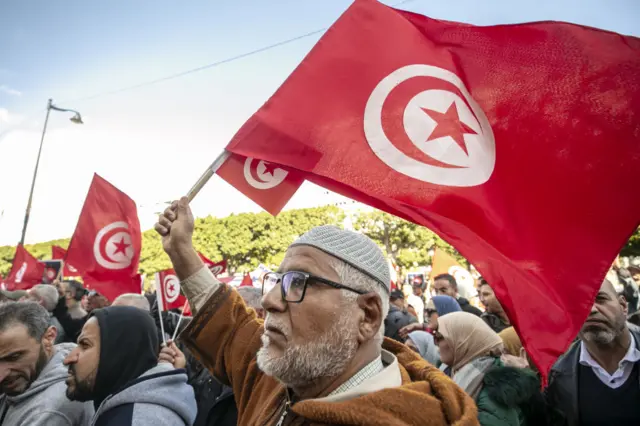 Hundreds of opposition supporters gather to protest against the rule of President Kais Saied and demanded the release of human right activists, journalists and political and juristic figures opposed to the president who have been arrested in recent weeks in Tunis, Tunisia on March 05, 2023.