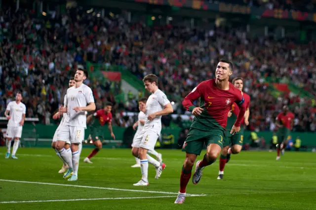 Cristiano Ronaldo of Portugal celebrates after scoring against Liechtenstein