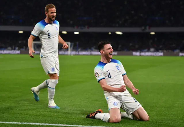 Declan Rice of England celebrates after scoring against Italy