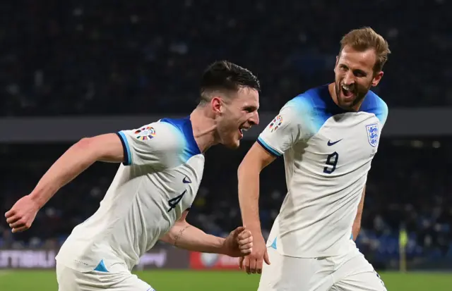 Declan Rice and Harry Kane celebrate