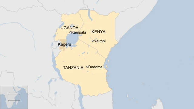 A map of Uganda, Tanzania and Kenya,