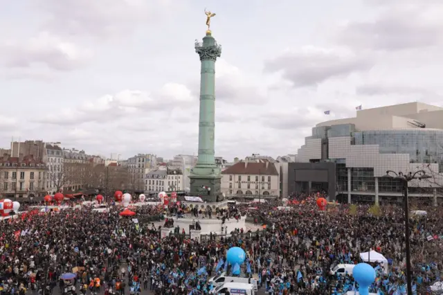 Protester gather in Place de la Bastille square in Paris