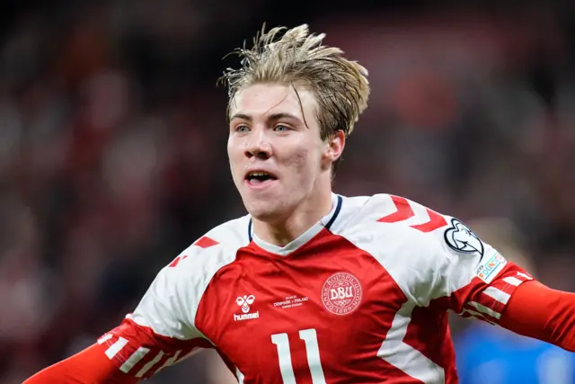 Denmark's forward Rasmus Hojlund celebrates scoring the opening goal