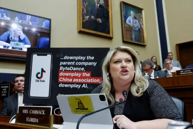 U.S. Rep. Kat Cammack (R-FL) speaks as TikTok Chief Executive Shou Zi Chew testifies before a House Energy and Commerce Committee hearing entitled "TikTok: How Congress can Safeguard American Data Privacy and Protect Children from Online Harms,"