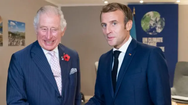 Prince Charles, Prince of Wales meets President of France Emmanuel Macron ahead of their bilateral meeting during the Cop26 summit at the Scottish Event Campus (SEC) on November 1, 2021