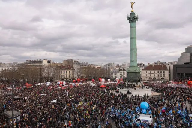 Crowd gathered on Place de la Bastille in Paris