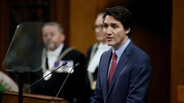 Canadian Prime Minister Justin Trudeau speaks during U.S. President Joe Biden's visit at the House of Commons of Canada, in Ottawa, Ontario, Canada, March 24, 202